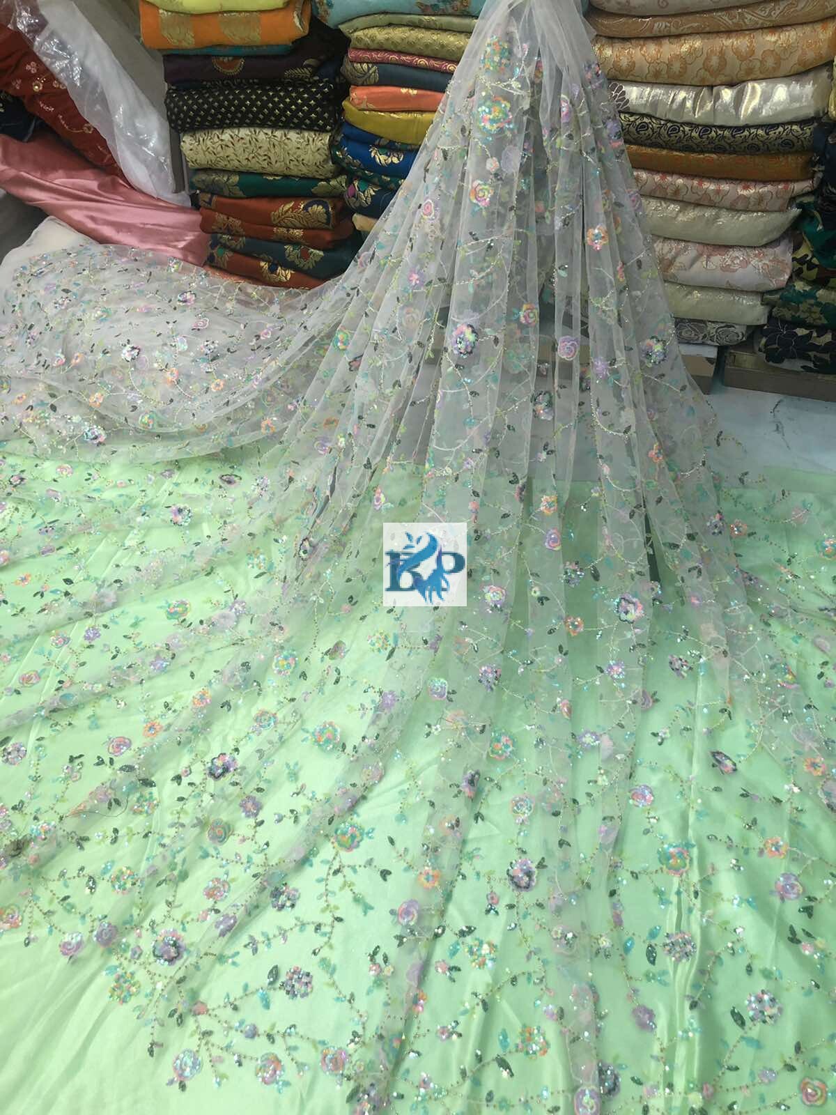 MESH Embroidery’s Fabric With Beaded Flowers With Glitter 