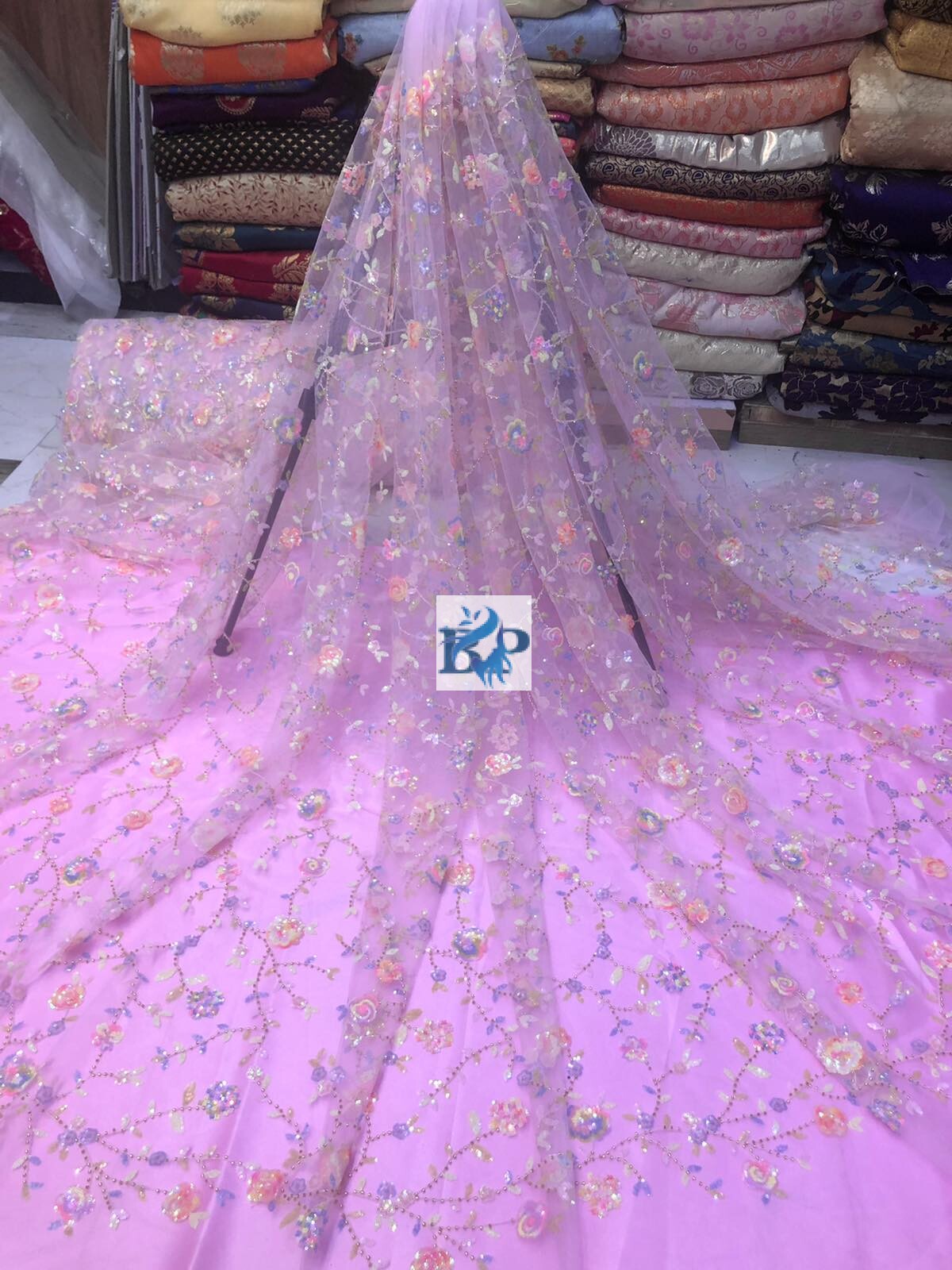 MESH Embroidery’s Fabric With Beaded Flowers With Glitter 